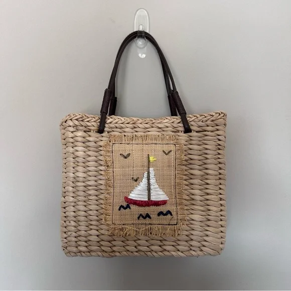 Woven Straw Tote Bag with Sailboat Embroidery - Natural - Picture 1 of 5